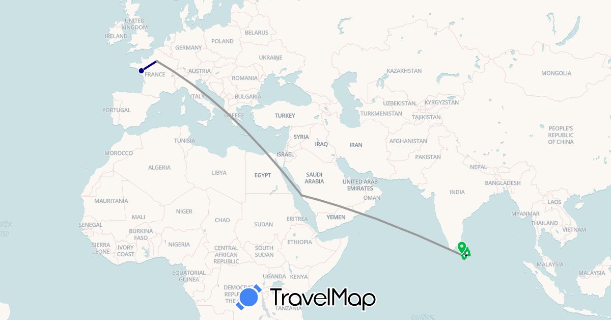 TravelMap itinerary: driving, bus, plane, train, boat in France, Sri Lanka, Saudi Arabia (Asia, Europe)